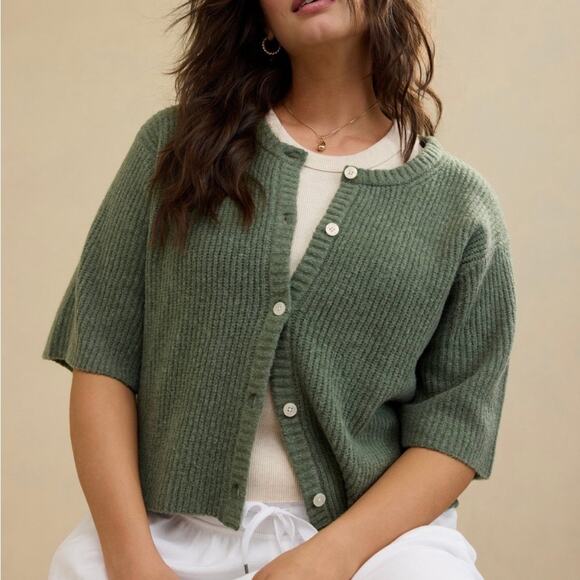 NWOT Aerie Unreal Short Sleeve Cardigan Sz XL Button Front Olive Green Relaxed - Picture 15 of 15